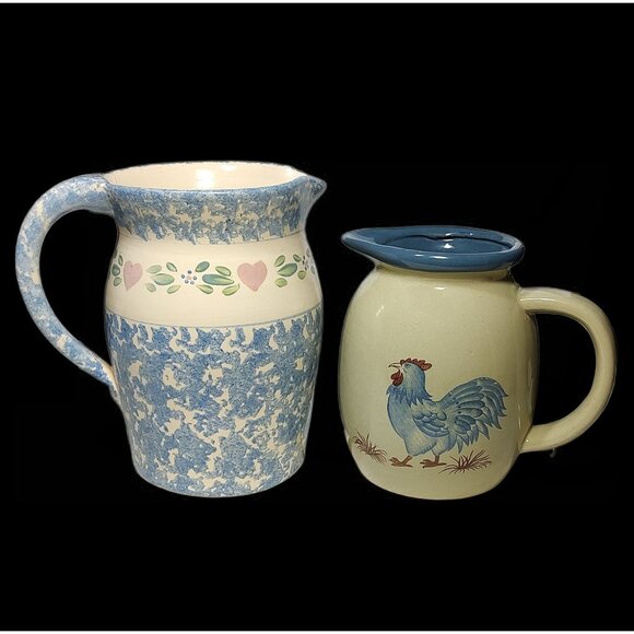 East Texas Pottery Heart & Blue Spongeware Pattern & Unbranded Rooster Pitcher - Picture 1 of 11